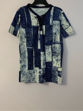 Woman’s Navy Patchwork Lace-Up Short Sleeve Shirt